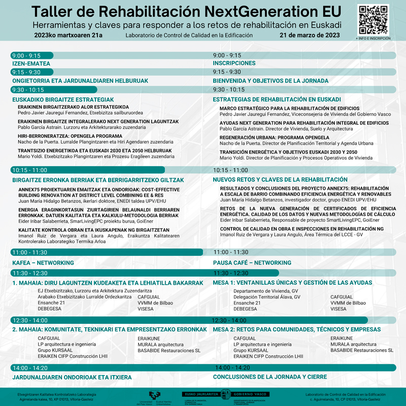 Taller de rehabilitación NextGeneration EU: Herramientas y claves para responder a los retos de rehabilitación en Euskadi @ Laboratorio de Control de Calidad en la Edificación del Gobierno Vasco